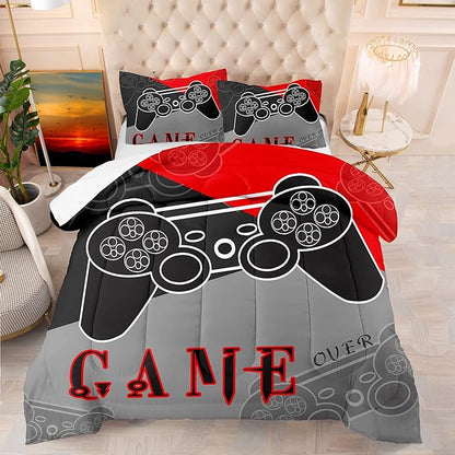Gaming Bedding Sets for Boys Bedroom Soft Video Gamer Comforter Set Queen Size Black Red Game Controller Beddings for Kids Teens 1 Comforter and 2 Pillowcases