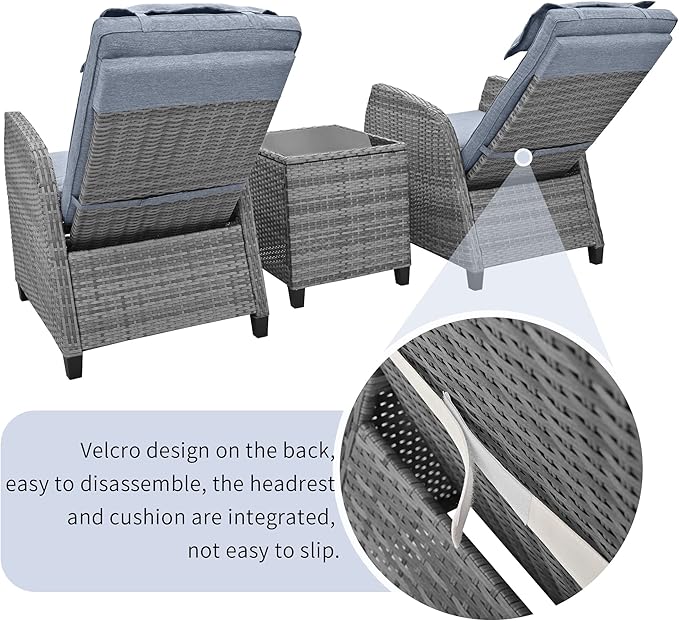 Patio Furniture Sets 3 Piece Outdoor, PE Wicker Rattan 2-Person ConversationSets with Adjustable Backrest Recliner Lounge Chairs and Coffee Table, Comforty Cushions, for Lawn Balcony, Gray
