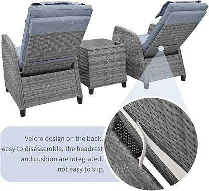 Patio Furniture Sets 3 Piece Outdoor, PE Wicker Rattan 2-Person ConversationSets with Adjustable Backrest Recliner Lounge Chairs and Coffee Table, Comforty Cushions, for Lawn Balcony, Gray
