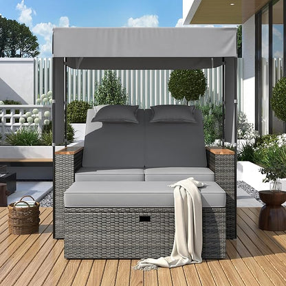 Outdoor Conversation, 2-Piece Patio Bench Rattan Roof Set, Effective UV Protection Waterproof Cushions and Adjustable Backrest for Garden, Backyard and Porch, Zg-Grey Wicker + Grey Fabric
