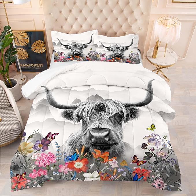 Tailor Shop Highland Cow Comforter Sets Queen Size,Highland Cow Bedding for Teens Kids Man,Cattle Western Funny Animal Bedding Wildlife Farmhouse Bull Mountain Flower Comforter with 2 Pillowcase