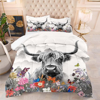 Tailor Shop Highland Cow Comforter Sets Queen Size,Highland Cow Bedding for Teens Kids Man,Cattle Western Funny Animal Bedding Wildlife Farmhouse Bull Mountain Flower Comforter with 2 Pillowcase