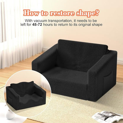 Kids Couch,2-in-1 Toddler Chairs for Boys,Kids Sofa with Storage,Comfortable Kids Sofa Bed,Fun Kids Lounge Chair,Toddler Furniture,Kids Playroom,Children'S Gifts (Black)