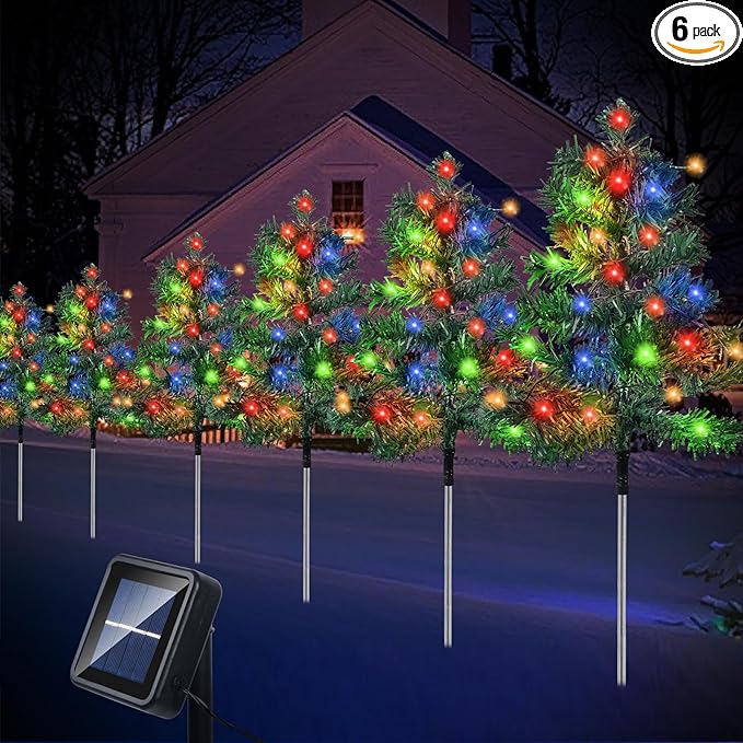 Outdoor Christmas Decorations 6-Pack Solar Christmas Tree with 8 Lighting Modes 120 Multi-Color Lights for House Outside Pathway Yard Garden Walkway Lawn Patio Front Porch Door