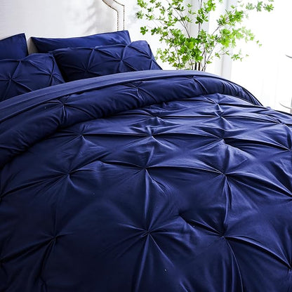 Ubauba 7pc Dark Blue King Comforter Set with Sheets, 7 Piece Pinch Pleating Bed in a Bag Royal Blue Bedding Comforters & Sets, Soft Fluffy Pintuck Bed Set (Navy,King)