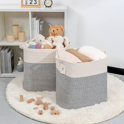 Large Cotton Tall Rectangle Small Laundry hamper Dog Toy Storage Baskets Woven Basket Bins Foldable Medium With Handle Toys and Fabric Storing Storage Silver Gray 2 Pack