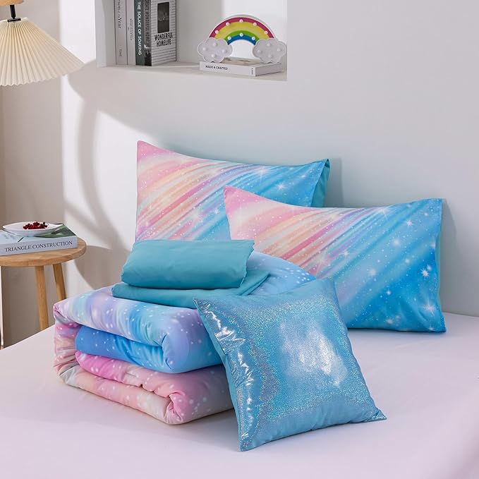 Btargot Super Soft 6 Pieces Gradient Star Ring Comforter Set, Colorful Glitter Rainbow Star Pattern Bedding Set for Boys Girls Teens, Twin Light Blue
