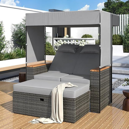Outdoor Conversation, 2-Piece Patio Bench Rattan Roof Set, Effective UV Protection Waterproof Cushions and Adjustable Backrest for Garden, Backyard and Porch, Zg-Grey Wicker + Grey Fabric