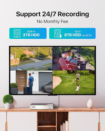 ZOSI 8CH 3K Lite Home Security DVR with 2TB HDD,AI Human/Vehicle Detection,Remote Access,Alert Push,H.265+ Hybrid 4-in-1 Wired Surveillance DVR for HD-TVI, CVI, CVBS, AHD 960H/720P/1080P CCTV Cameras