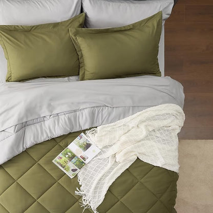 Bedsure Olive Green Twin Comforter Set - 5 Pieces Reversible Twin Bed in a Bag, Extra Long Twin Bed Set with Comforters, Sheets, Pillowcase & Sham, Twin Bedding Sets for College
