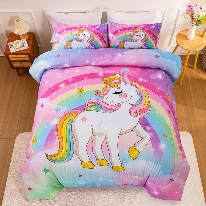 Aimuan Girls Unicorn Comforter Set 3 Pieces Pink Purple Bedding Set with Rainbow Star Galaxy Stars Fantasy Children Room Decor Soft Reversible Bed Sets for Boys/Girls/Teens (Rainbow Twin3Pcs)