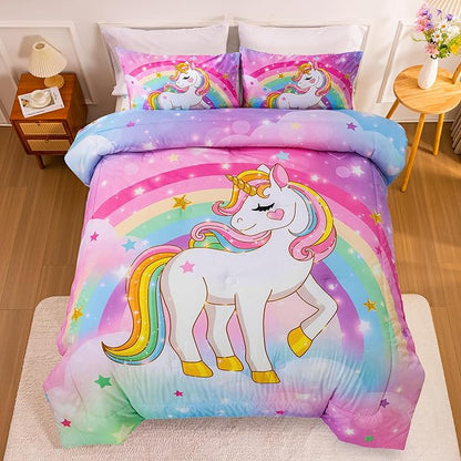 Aimuan Girls Unicorn Comforter Set 3 Pieces Pink Purple Bedding Set with Rainbow Star Galaxy Stars Fantasy Children Room Decor Soft Reversible Bed Sets for Boys/Girls/Teens (Rainbow Twin3Pcs)