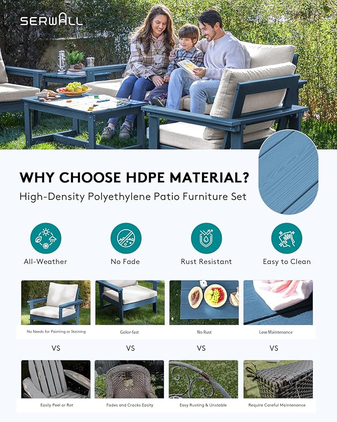 SERWALL HDPE Patio Coversation Set, 7-piece Outdoor Sectional Sofa Set, All Weather Patio Couch Set Patio Furniture for Balcony, Deck, Navy Frame with Khaki Cushion