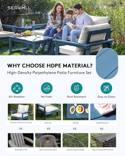SERWALL HDPE Patio Coversation Set, 7-piece Outdoor Sectional Sofa Set, All Weather Patio Couch Set Patio Furniture for Balcony, Deck, Navy Frame with Khaki Cushion