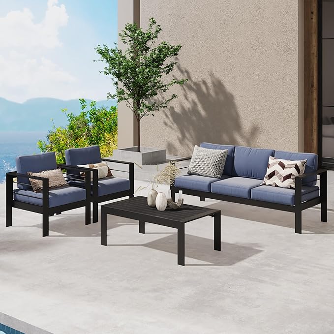 Wisteria Lane Aluminum Outdoor Patio Furniture Set, 4 Pcs Modern Outdoor Conversation Set Sectional Sofa with Upgrade Cushion and Coffee Table for Balcony,Black Frame and Blue Cushion