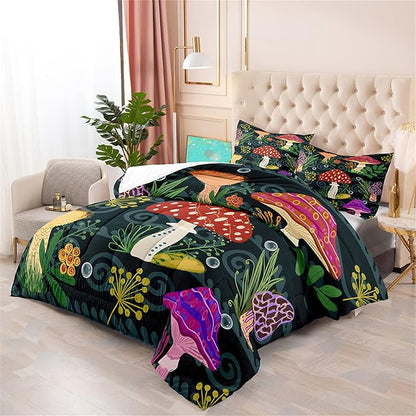 Mushrooms Bedding Set Twin Size, Cartoon Fungus Comforter for Girls Boys Teens, Black Lovely Quilt Botanic Pattern Comforter Set Soft Breathable Cute Duvet Set for All Season 2Pcs with Pillowcase