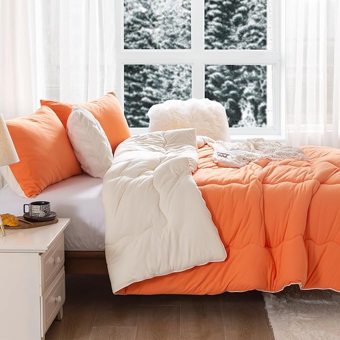 COTTEBED Warm Reversible Ultra-Soft Burnt Orange and Beige Comforter Set Queen, Breathable Fluffy Bedding Down Comforters Sets &2 Pillowshams for Women Girls Winter, Full/Queen Size Bed