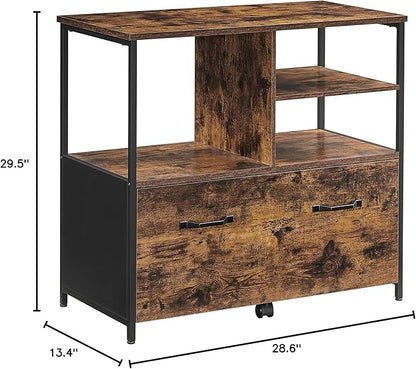 VASAGLE Lateral File Cabinet with Open Shelves and Drawer, for A4, Letter and Legal Sized Documents, Printer Stand, Rustic Brown + Black