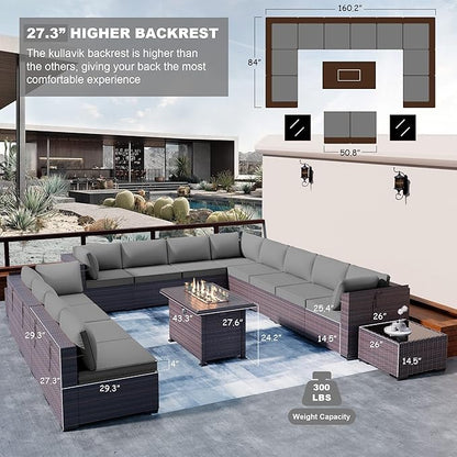 Kullavik 15PCS Outdoor Patio Furniture Set with 43" 55000BTU Gas Propane Fire Pit Table PE Wicker Rattan Sectional Sofa Patio Conversation Sets for Backyard,Grey Cushions