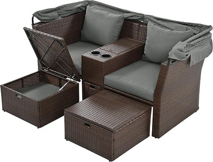 2-Seater Outdoor Patio Convertible Sunbed, All Weather Rattan Double Daybed Couch Foldable Awning, Cushions and Storage Boxes, Loveseat Sofa Set for Garden, Poolside, Balcony, Ab-Aa-Grey