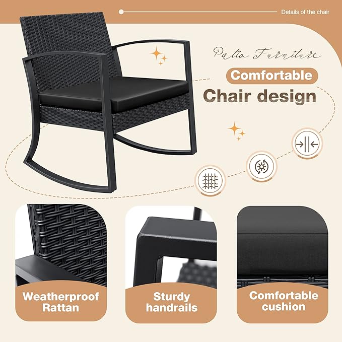 Greesum 3 Pieces Outdoor Furniture Set Patio Bistro Rocking Chairs with Glass Coffee Table for Pool Beach Backyard Balcony Porch Deck Garden, Black