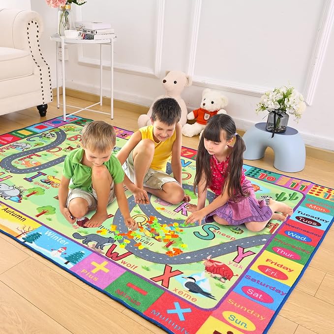 Terrug Kids Rugs for Playroom, Educational Classroom Rug for Kids Room, Washable Nursery Rug Carpet Non Slip Playroom Rug Play Mat for Learning ABC Rug, Numbers, Animal, Colors, Season, 4X6 Feet