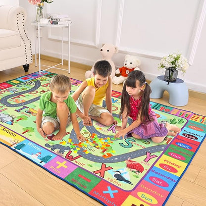 Terrug Kids Rugs for Playroom, Educational Classroom Rug for Kids Room, Washable Nursery Rug Carpet Non Slip Playroom Rug Play Mat for Learning ABC Rug, Numbers, Animal, Colors, Season, 4X6 Feet