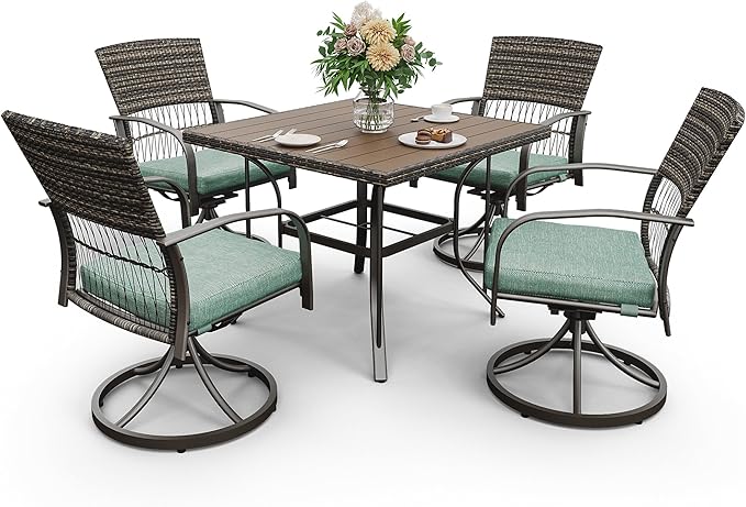Pamapic 5 Piece Outdoor Dining Set, Rattan Outdoor Patio Furniture Set for Deck Backyard with Plastic-Wood Outdoor Dining Table, 4 Swivel Outdoor Dining Chairs and Removable Cushions (Green)