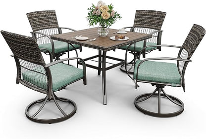 Pamapic 5 Piece Outdoor Dining Set, Rattan Outdoor Patio Furniture Set for Deck Backyard with Plastic-Wood Outdoor Dining Table, 4 Swivel Outdoor Dining Chairs and Removable Cushions (Green)