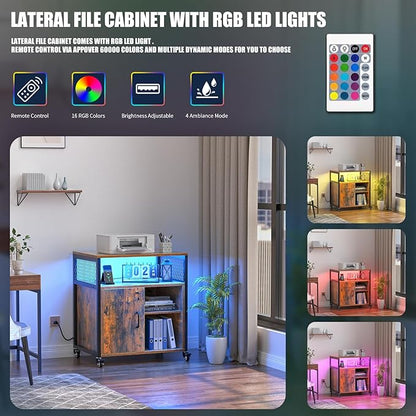 LED Rolling Wheels Filing Cabinet with Lock, File Cabinets with Charging Station, Printer Stand with Storage for Office Home, A4 Letter Size File Folders