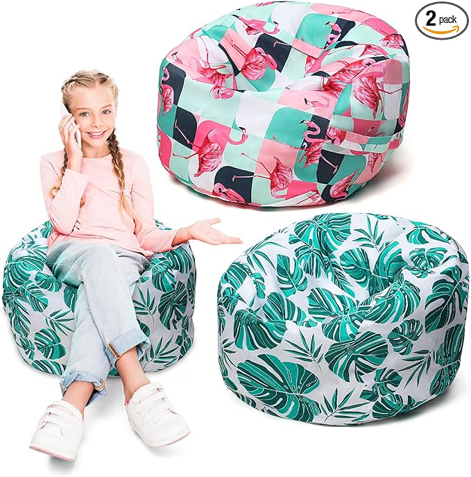 2 Pcs Bean Bag Chair for Kids 24" Empty Bean Bag with Carrying Handle Removable Washable Canvas Storage Bean Bag for Organizing Toy Room Decor(Tropical)