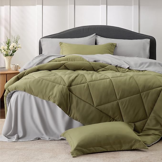 Bedsure Olive Green Queen Comforter Set - 7 Pieces Reversible Queen Bed in a Bag Queen Bed Set with Comforters, Sheets, Pillowcases & Shams, Queen Bedding Sets