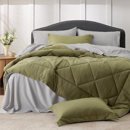 Bedsure Olive Green Twin Comforter Set - 5 Pieces Reversible Twin Bed in a Bag, Extra Long Twin Bed Set with Comforters, Sheets, Pillowcase & Sham, Twin Bedding Sets for College