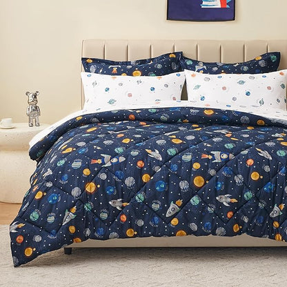 Twin Size Space Kids Bedding Set for Girls, 7 Pieces Super Soft Lightweight Microfiber Comforter Set with Sheets, Bed in a Bag, Durable Children Bed Set