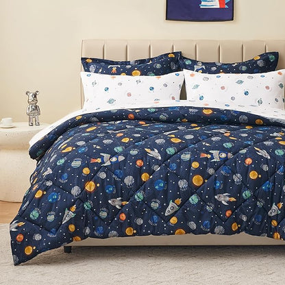 Twin Size Space Kids Bedding Set for Girls, 5 Pieces Super Soft Lightweight Microfiber Comforter Set with Sheets, Space Bedding Twin, Bed in a Bag, Durable Children Bed Set