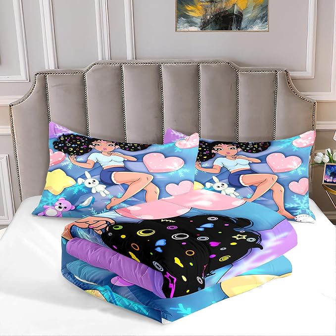 Black Girl Comforter Set - Full Size Comforter Set for Girls Bedroom Decor African American Girl Bedding Set Blue Full Quilt Set with 2 Pillowcases Kids Comforter Sets Gifts for Girls Kids Teens