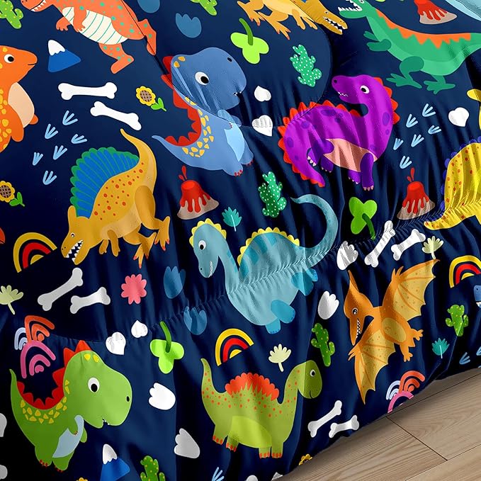 Dinosaur Comforter Set Queen - Cartoon Dinosaur Bedding Boys Comforter Set Soft Breathable Blue Dinosaur Quilt Kids Queen Size Bedding Set for All Season, 1 Comforter 2 Pillowcase