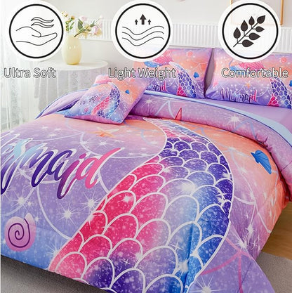RYNGHIPY Full Bed in a Bag for Kids Teens Girls 6 Pieces, Soft Bedding for All Seasons, Cute Mermaid Tail Kids Bedding Set, Leightweight Girls Fluffy Bed Set