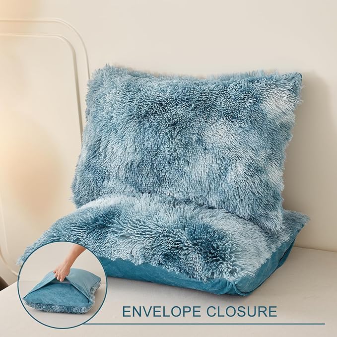 WINLIFE Shaggy Bedding Comforter Set Full Blue Faux Fur Flannel Furry Comforter Plush Comforter Sets Gradient Ombre Tie Dye Bedding for Teens Adults (3Pcs, Full, Smoke Blue)