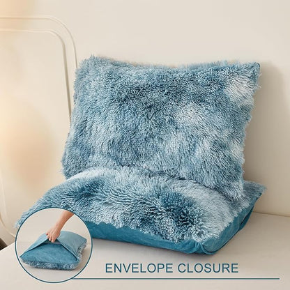 WINLIFE Shaggy Bedding Comforter Set Full Blue Faux Fur Flannel Furry Comforter Plush Comforter Sets Gradient Ombre Tie Dye Bedding for Teens Adults (3Pcs, Full, Smoke Blue)