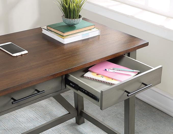 OSP Home Furnishings Milford Rustic 42 Inch Writing Desk with 2 Drawers and Burnished Decorative Hardware, Slate Gray