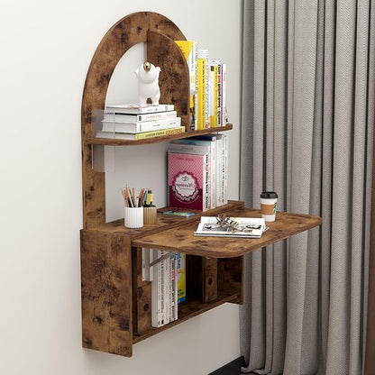 Wall Mounted Drop-Leaf Table, Floating Laptop Desk, Folding Table with Shelves, Multifunctional Computer Workstation Storage Compartments in Home Office for Space Saving (Rustic Brown)