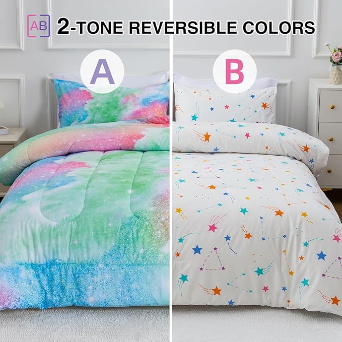 A Nice Night Galaxy Bedding Sets Outer Space Comforter 3D Printed Space Quilt Set Queen Size Glitter Pink Green Color,for Children Boy Girl Teen Kids