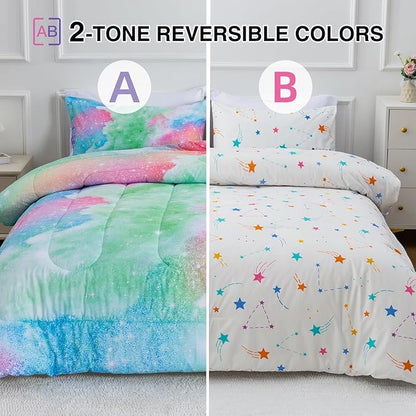 A Nice Night Galaxy Bedding Sets Outer Space Comforter 3D Printed Space Quilt Set Queen Size Glitter Pink Green Color,for Children Boy Girl Teen Kids