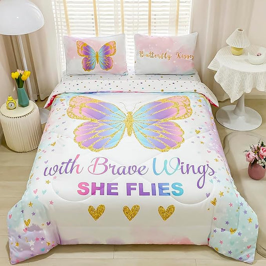 Twin Size Comforter Set for Girls, 5-Piece Bed in a Bag, 3D Colorful Butterfly Bedding Comforter Sheet Set, Ultra Soft and Fluffy, Pink & Rainbow Color