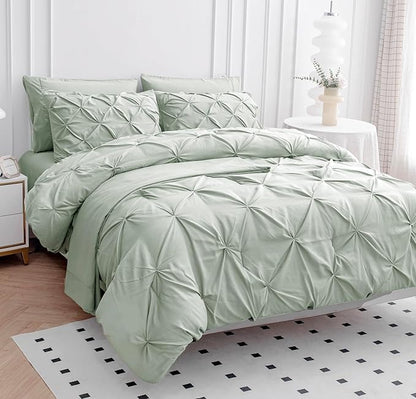 LANE LINEN Queen Size Comforter Set with Sheets, 7 Piece Comforter Set Queen Size, Pintuck Queen Comforter Set, Soft Queen Bed Set, Queen Size Bedding Comforter Sets, Queen Bed in Bag Set - Mineral