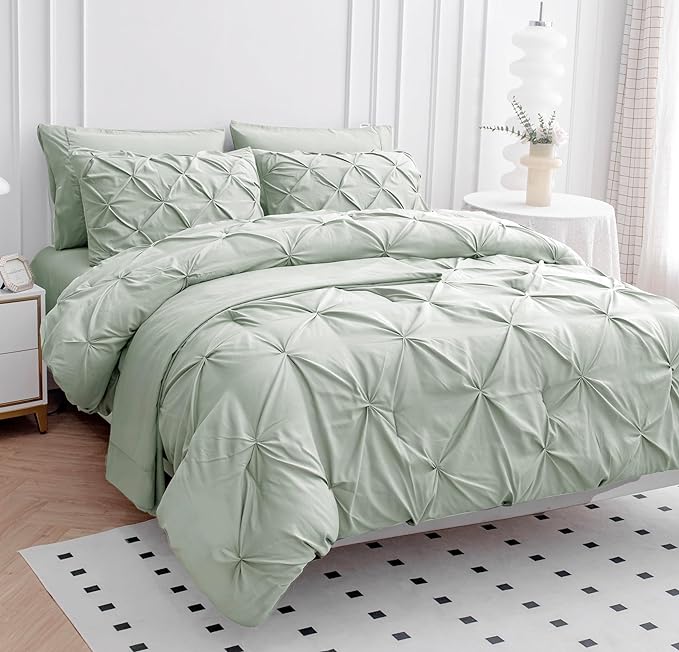 LANE LINEN California King Comforter Set, 7 Piece Cal King Bed in a Bag, Pintuck Cal King Bedding Set, Soft Cali King Bed Set, Cal King Bed Comforter Sets with Sheets, Pillowcases & Shams - Mineral