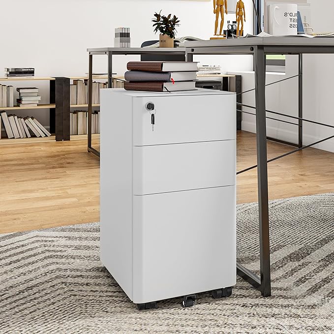 YITAHOME 3-Drawer Metal Filing Drawers with Keys, Compact Slim Portable File Pre-Built Office Storage Cabinet for A4/Letter/Legal (White)