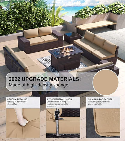 Kullavik 13 Pieces Outdoor Patio Furniture Set with 43" 55000BTU Gas Propane Fire Pit Table PE Wicker Rattan Sectional Sofa Patio Conversation Sets,Sand