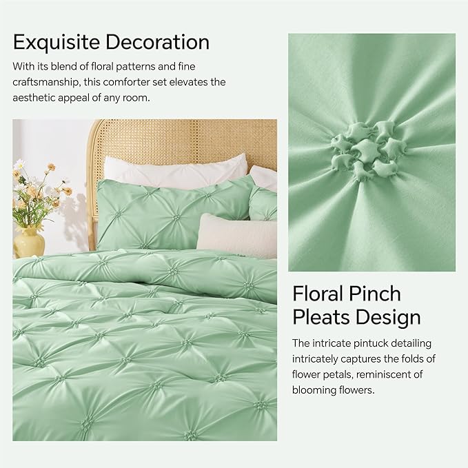 BEDELITE Green Twin Comforter Set for Girls - 2 Peices Boho Pintuck Bedding Comforter Sets, Lightweight Soft & Warm Twin Bedding Sets with 1 Pillowcase for All Season